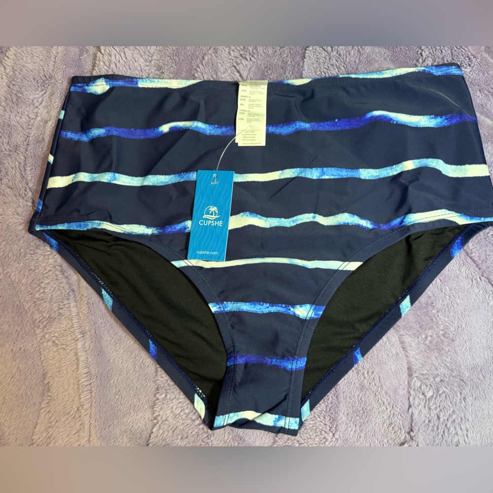 Cupshe 0X High-Waisted Bikini Bottoms – Blue Stripe – NWT